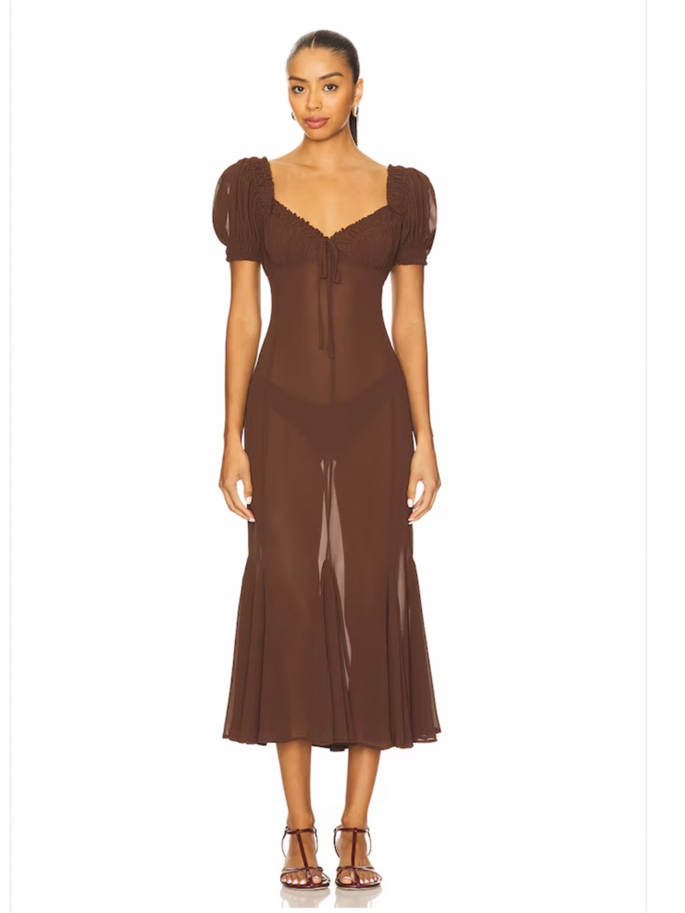 LPA Brown Puff-Sleeve Midi Dress